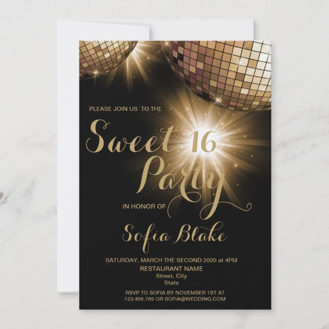 Trendy Modern Gold Disco Ball Invitation (Front)