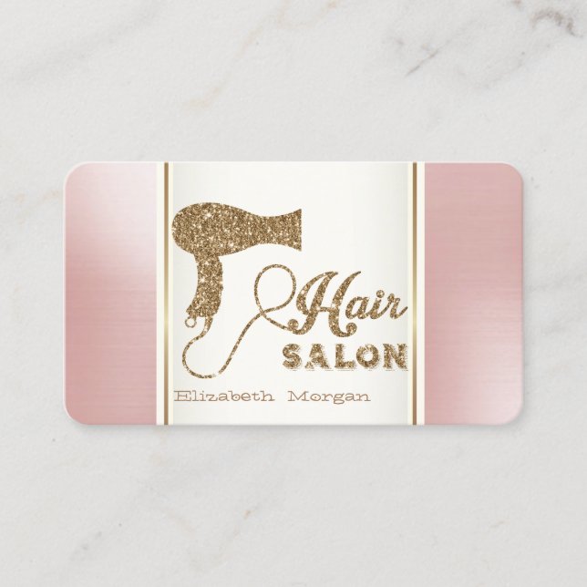 Trendy Modern Gold Glitter Hairdryer,Hair Salon Business Card (Front)