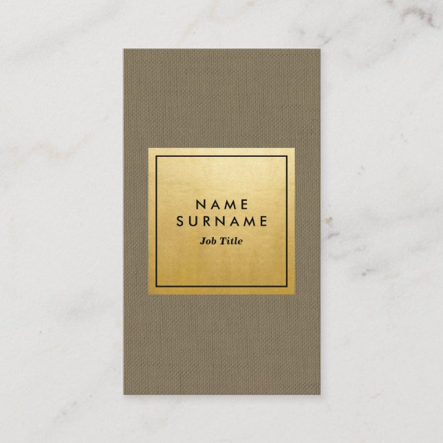 Trendy Modern Green Linen Gold Minimalist Vertical Business Card (Front)