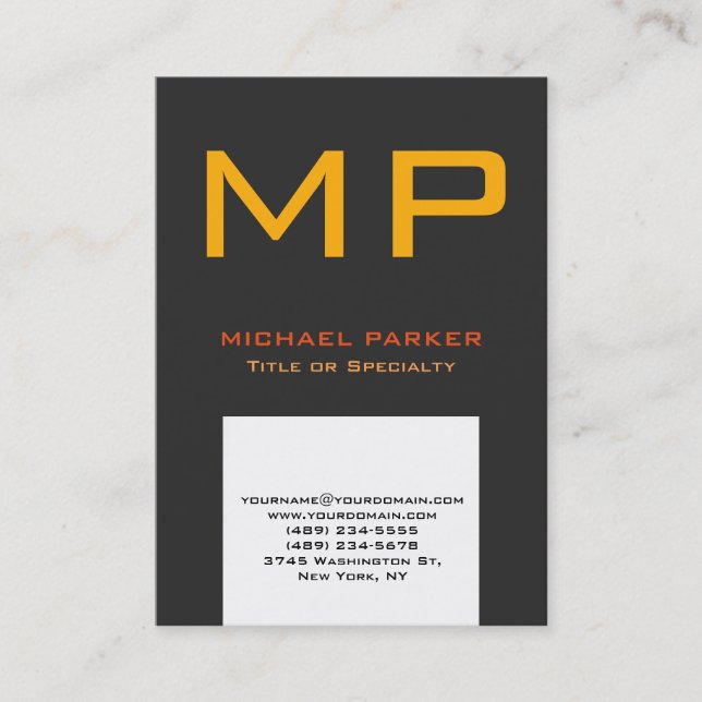 Trendy modern grey white yellow monogram business card (Front)