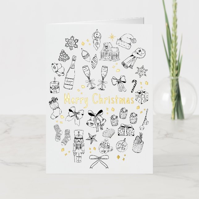 Trendy Modern Hand Drawn Budget Black & White Xmas Foil Greeting Card (Front)