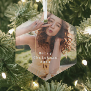 Trendy Modern Holiday Photo Typewriter Keepsake Glass Tree Decoration