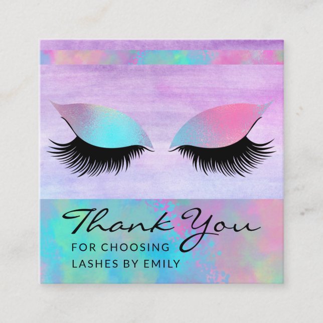 Trendy Modern Iridescent Chic Thank You Lash Care Square Business Card (Front)