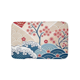 Trendy Modern Japanese Wave & Sakura Pattern  Bath Mat