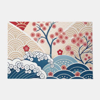 Trendy Modern Japanese Wave & Sakura Pattern Doormat