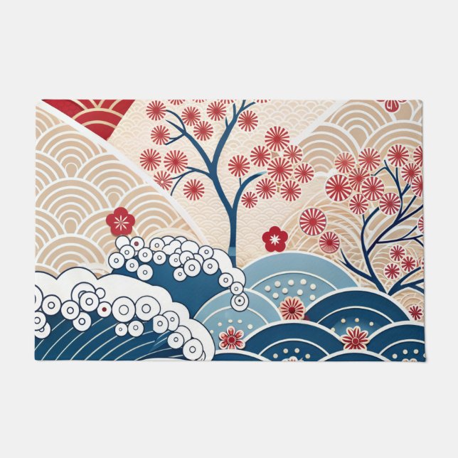 Trendy Modern Japanese Wave & Sakura Pattern  Doormat (Front)