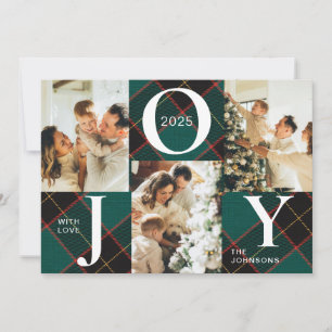 Trendy Modern Joy Green Plaid Photo Christmas Holiday Card