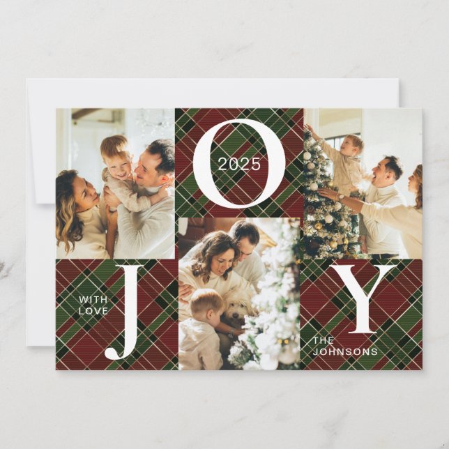 Trendy Modern Joy Red and Green Photo Christmas Holiday Card (Front)