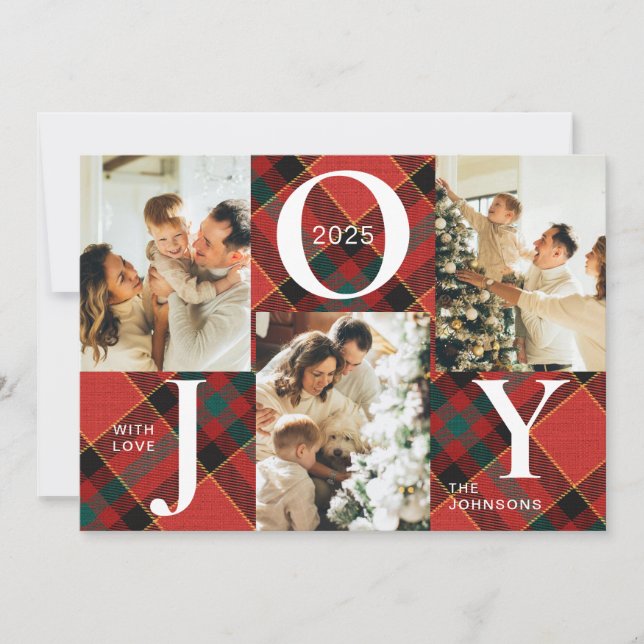 Trendy Modern Joy Red and Green Photo Christmas Holiday Card (Front)