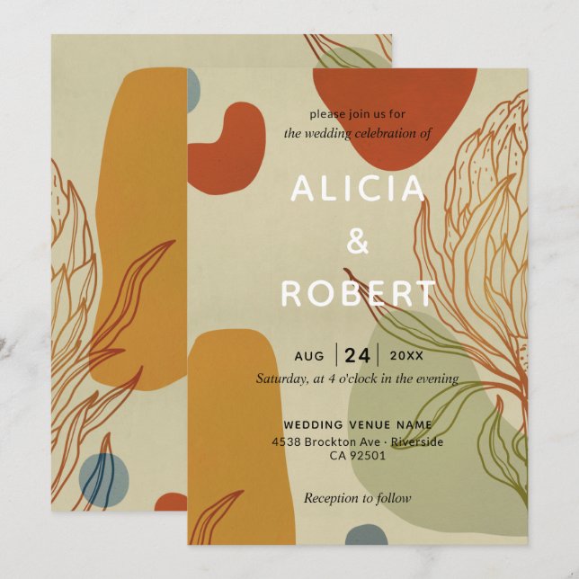 Trendy Modern Line Abstract Protea Botanical Invitation (Front/Back)
