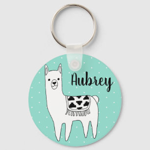 Trendy Modern Llama & Polka Dots Script Name Key Ring