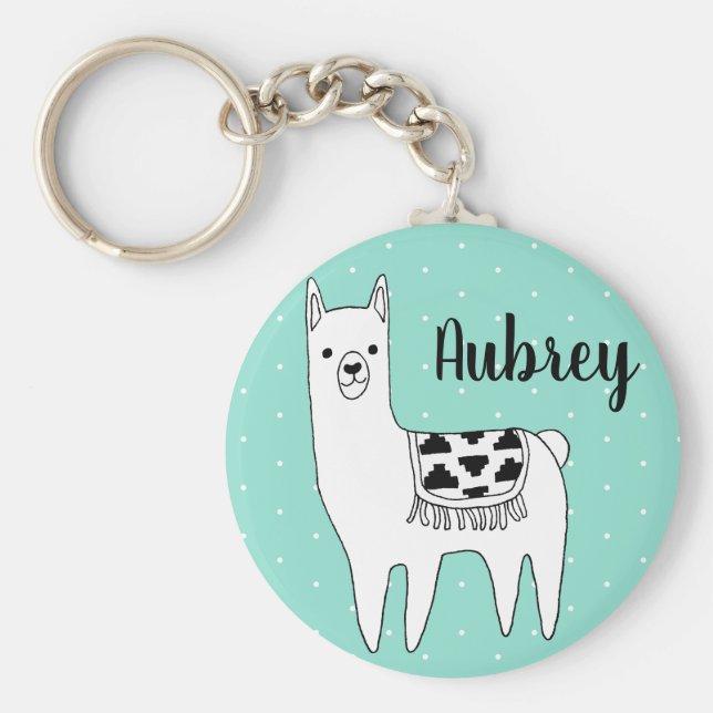 Trendy Modern Llama & Polka Dots Script Name Key Ring (Front)