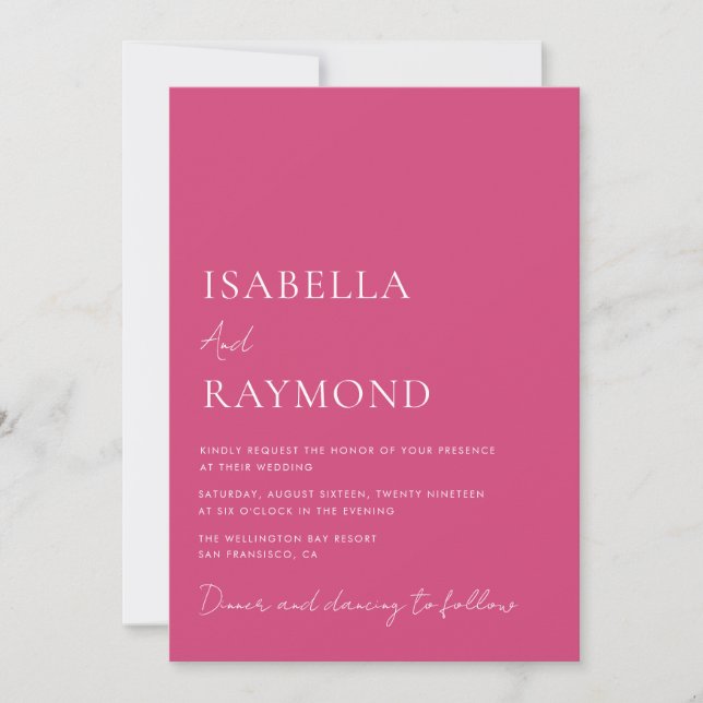 trendy modern magenta wedding invitation (Front)