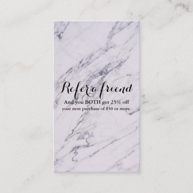 Trendy Modern Marble Elegant Glam Refer a Friend Referral Card (Front)