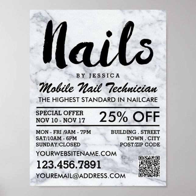 Trendy Modern Marble Nail Technician, Nail Salon Poster (Front)