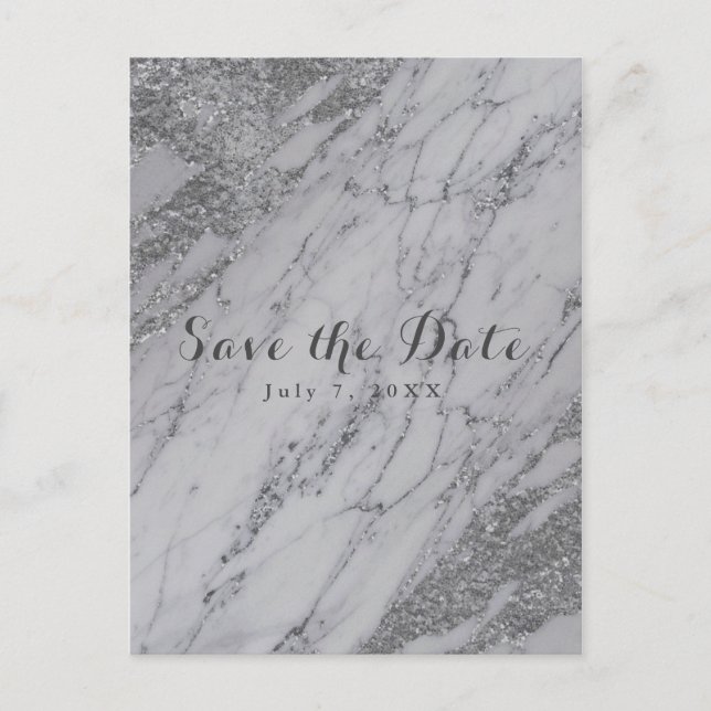 Trendy Modern Marble Silver Glam the Date Announcement Postcard (Front)