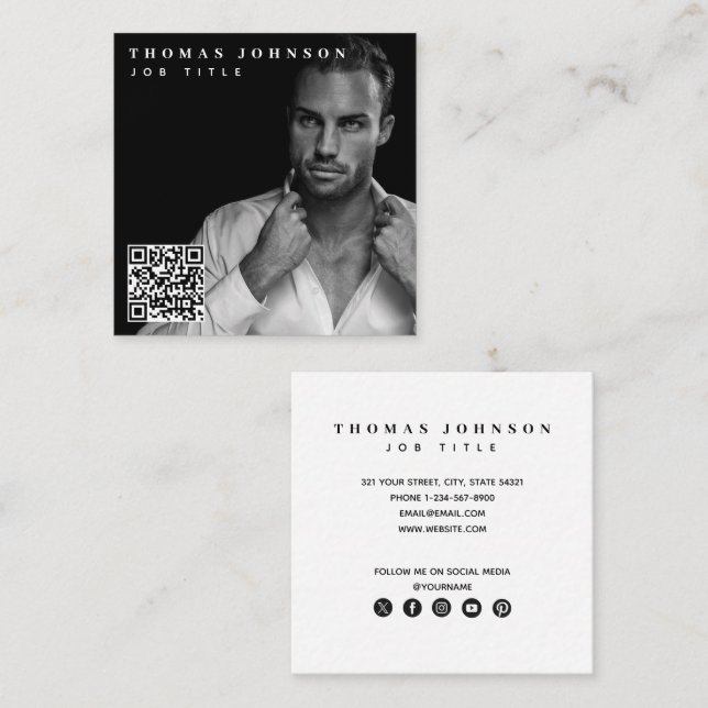 Trendy Modern Minimal Photo QR Code Social Media Square Business Card (Front/Back)