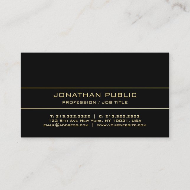 Trendy Modern Minimalist Design Black and Gold Business Card (Front)