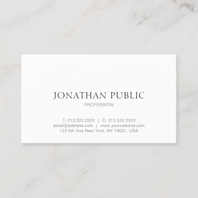Trendy Modern Minimalist Elegant Design White Business Card (Front)