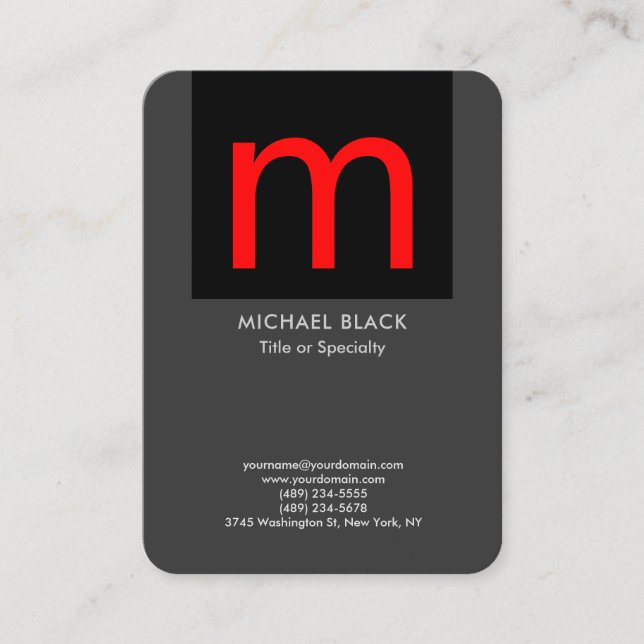 Trendy modern minimalist grey black red monogram business card (Front)