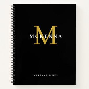 Trendy Modern Monogram Black Gold Initial Name Notebook