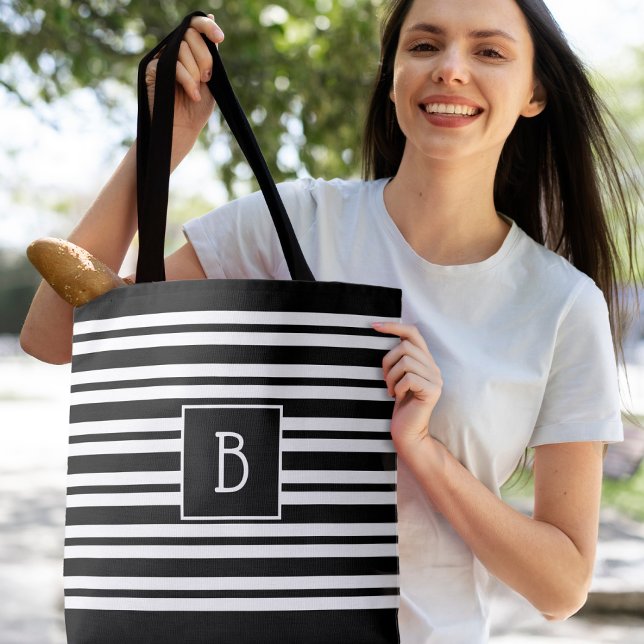 Trendy Modern Monogram Initial Black White Stripe Tote Bag (Trendy Modern Monogram Initial Black White Stripe Stylish Tote Bag)
