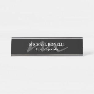 Trendy modern monogram initial professional black desk name plate
