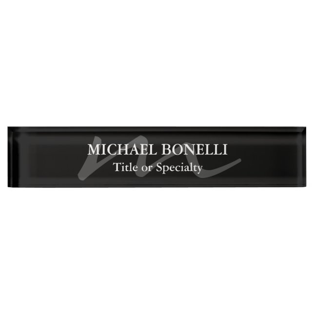 Trendy modern monogram initial professional black nameplate (Front)