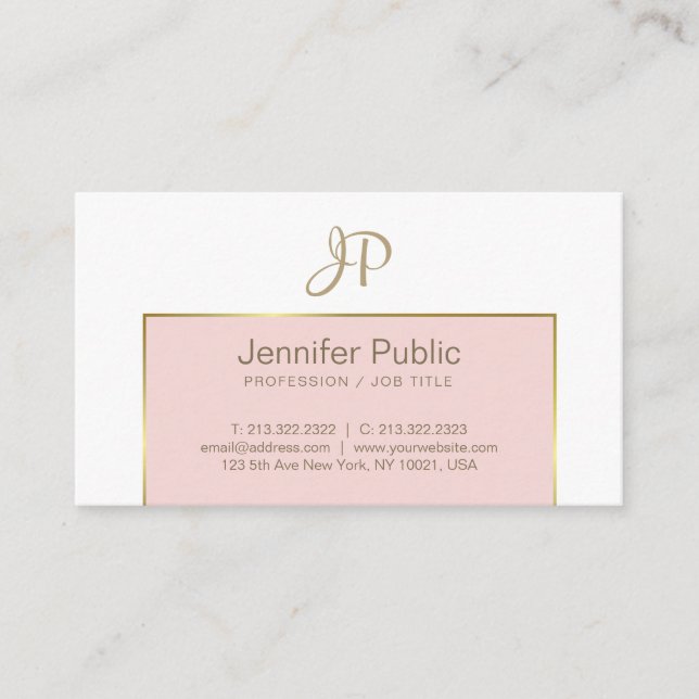 Trendy Modern Monogram Pink Gold White Clean Plain Business Card (Front)