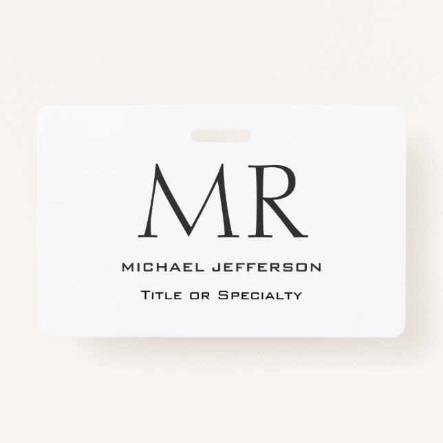 Trendy Modern Monogram Plain Minimalist ID Badge (Front)