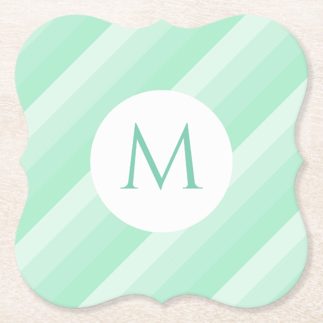 Trendy Modern Monogram Template Mint Green Stripes Paper Coaster (Front)