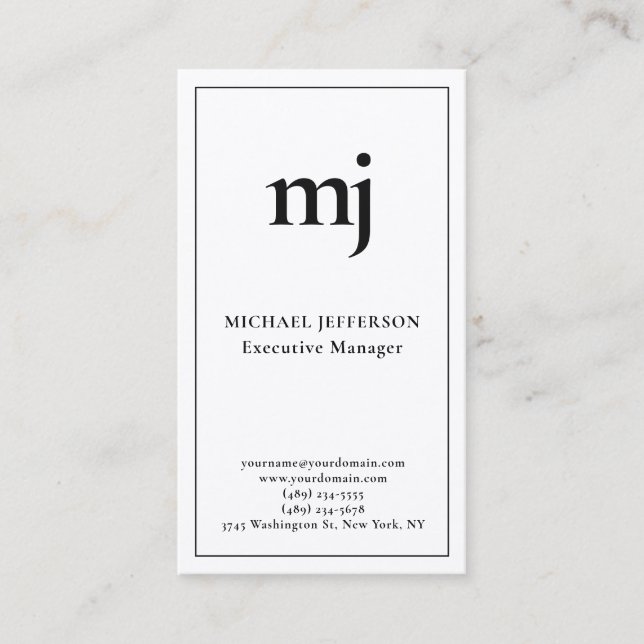 Trendy Modern Monogrammed Plain Black & White Business Card (Front)