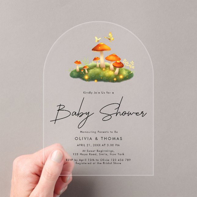Trendy Modern Mushroom Woodland Script Baby Shower Acrylic Invitations (Insitu (Handheld))