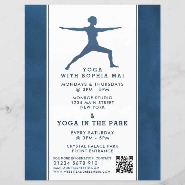 Trendy Modern Navy Blue Yoga Class Advertising Flyer (Front)