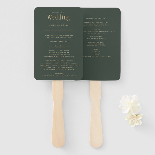Trendy Modern Olive Green Wedding Program  Hand Fan (Front and Back)