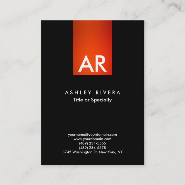 Trendy Modern Orange Red Stripe Monogram Black Business Card (Front)