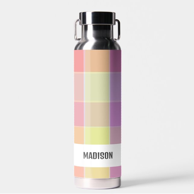 Trendy Modern Personalised Plaid Water Bottle (Front)