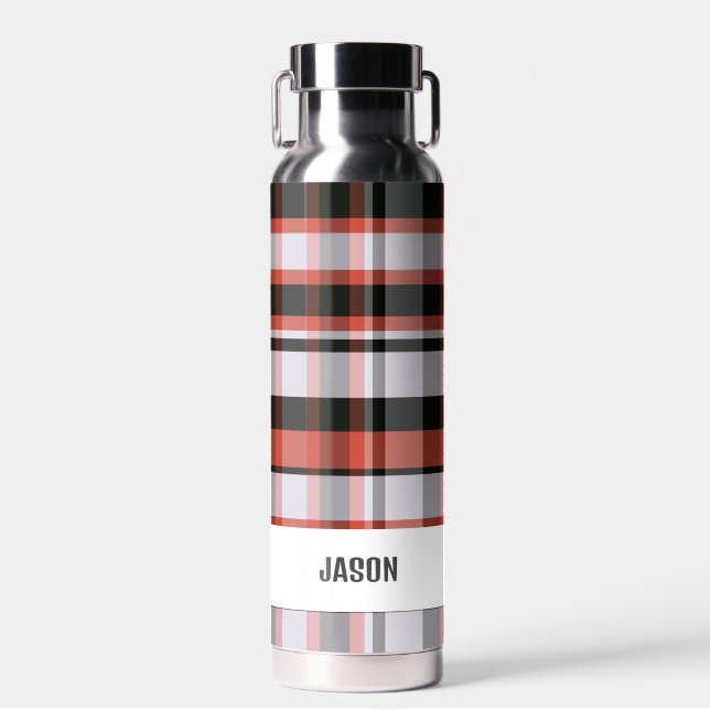 Trendy Modern Personalised Plaid Water Bottle (Front)