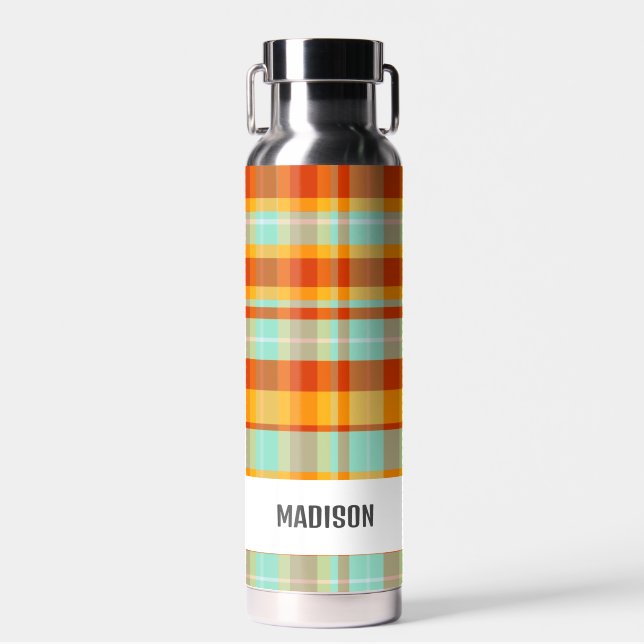 Trendy Modern Personalised Plaid Water Bottle (Front)