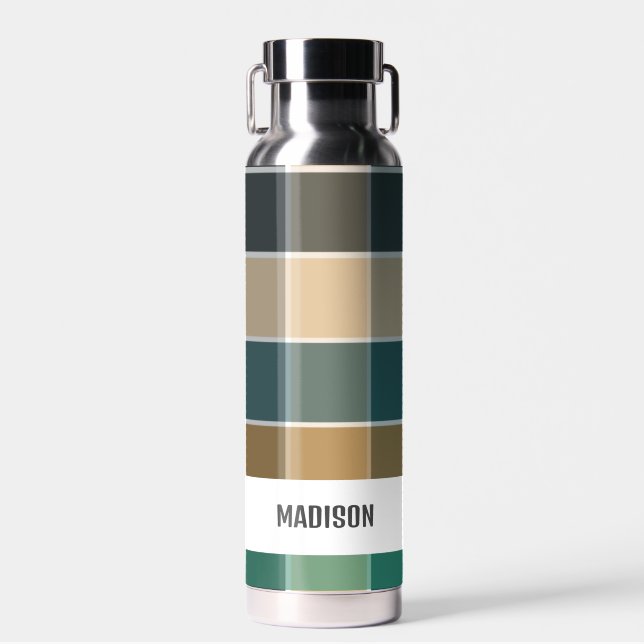 Trendy Modern Personalised Plaid Water Bottle (Front)