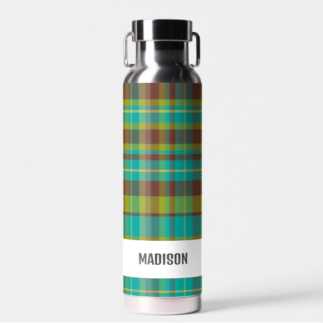 Trendy Modern Personalised Plaid Water Bottle (Front)