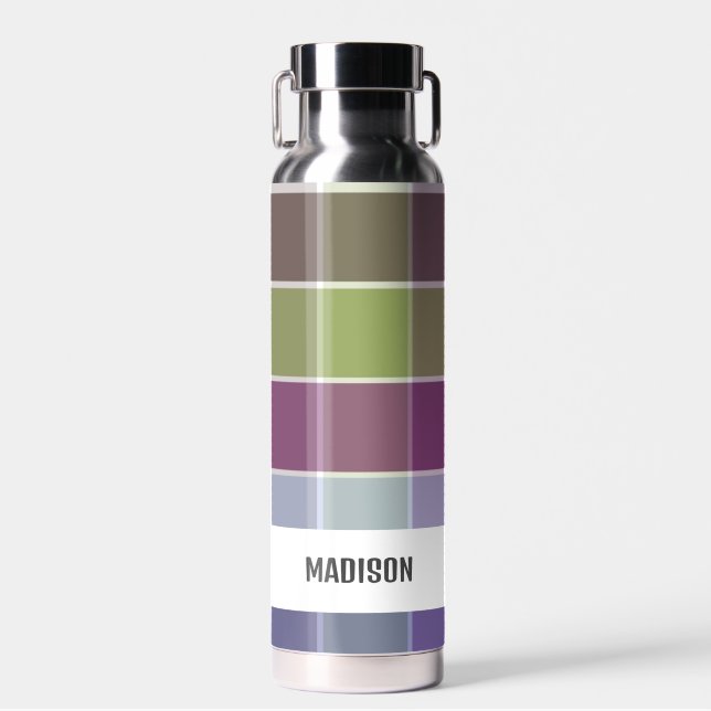 Trendy Modern Personalised Plaid Water Bottle (Front)