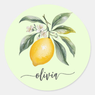 Trendy Modern Personalised Watercolor Yellow Lemon Classic Round Sticker