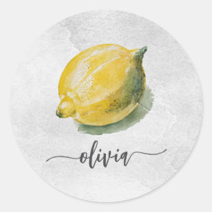 Trendy Modern Personalised Watercolor Yellow Lemon Classic Round Sticker
