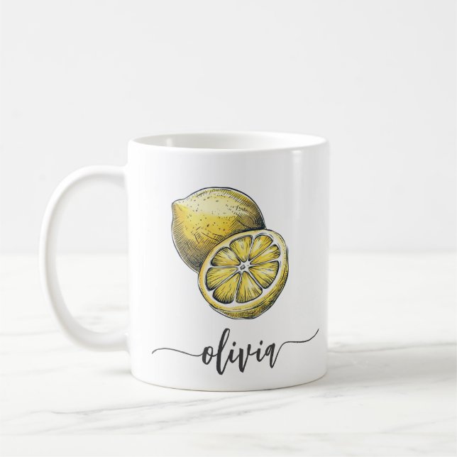Trendy Modern Personalised Watercolor Yellow Lemon Coffee Mug (Left)