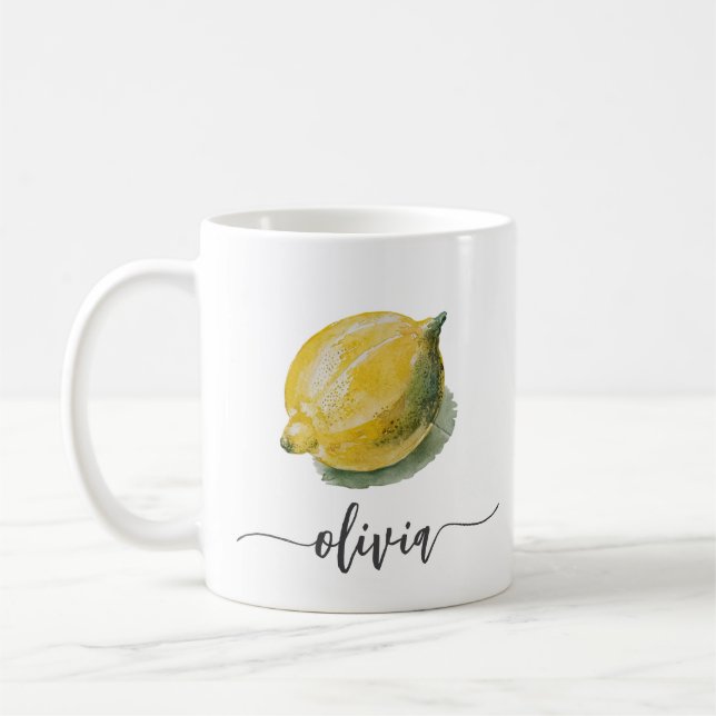 Trendy Modern Personalised Watercolor Yellow Lemon Coffee Mug (Left)