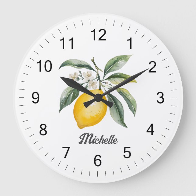Trendy Modern Personalised Watercolor Yellow Lemon Large Clock (Front)