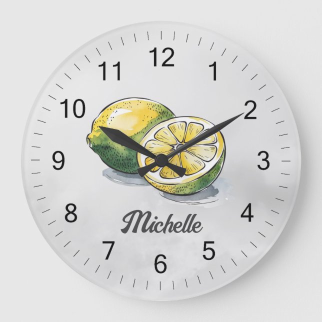 Trendy Modern Personalised Watercolor Yellow Lemon Large Clock (Front)