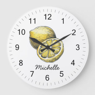 Trendy Modern Personalised Watercolor Yellow Lemon Large Clock