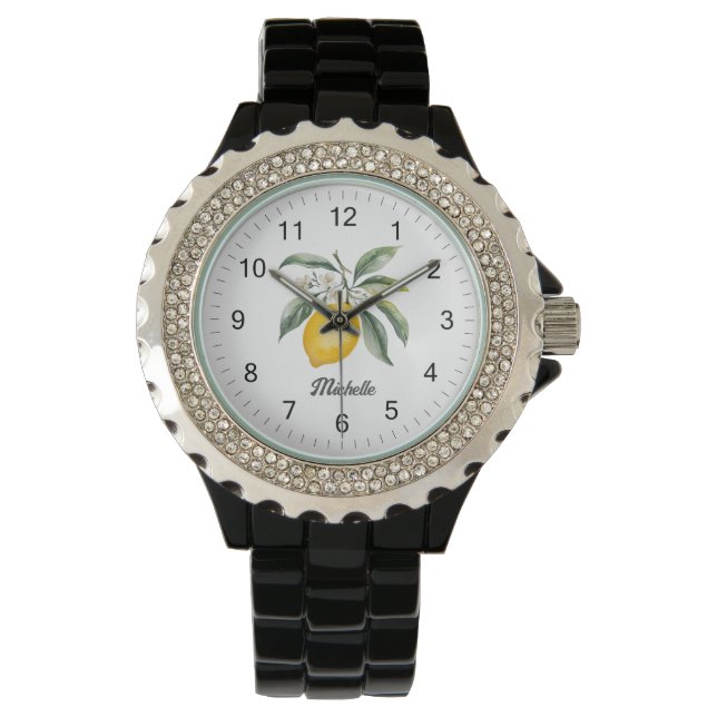 Trendy Modern Personalised Watercolor Yellow Lemon Watch (Front)